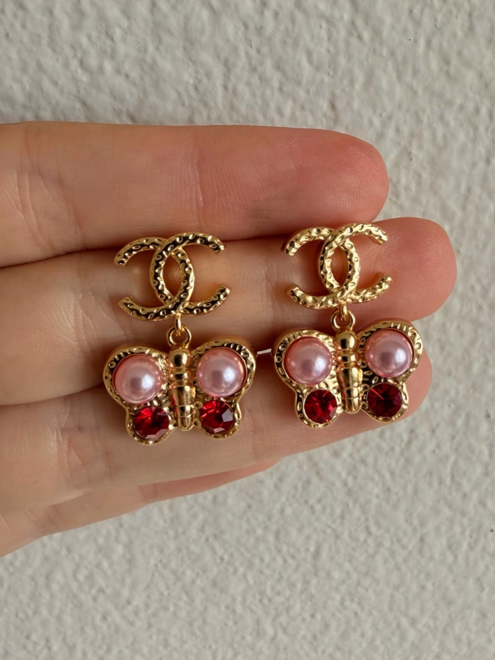 Chanel Gold CC Butterfly Drop Earrings w/ Pearl & Red Crystals - Picture 8 of 10